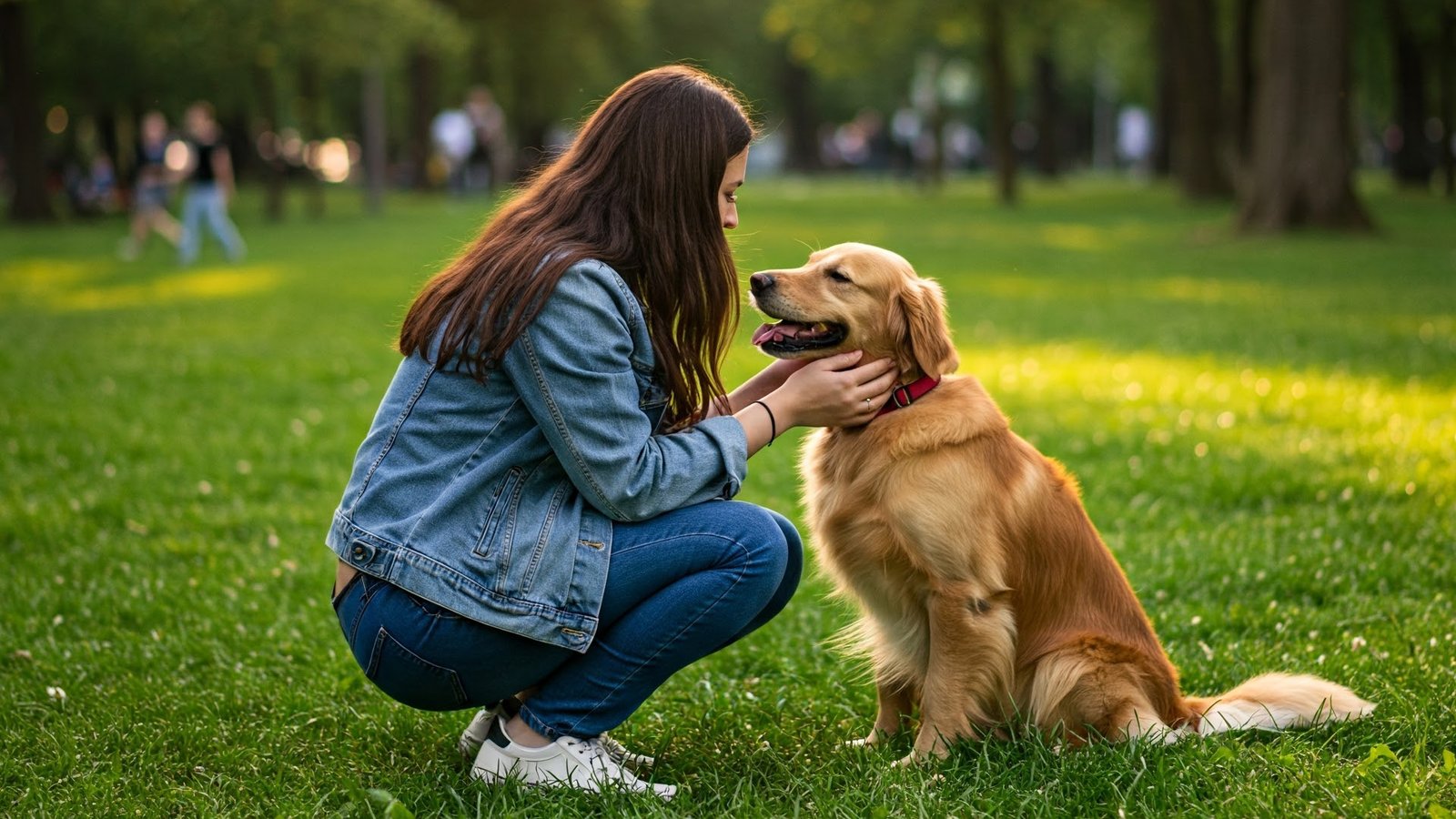 mulher em um parque acariciando um cão